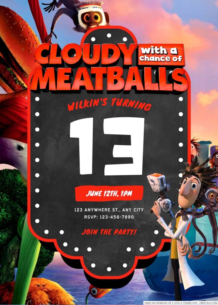 Free Editable Cloudy with a Chance of Meatballs Birthday Invitation