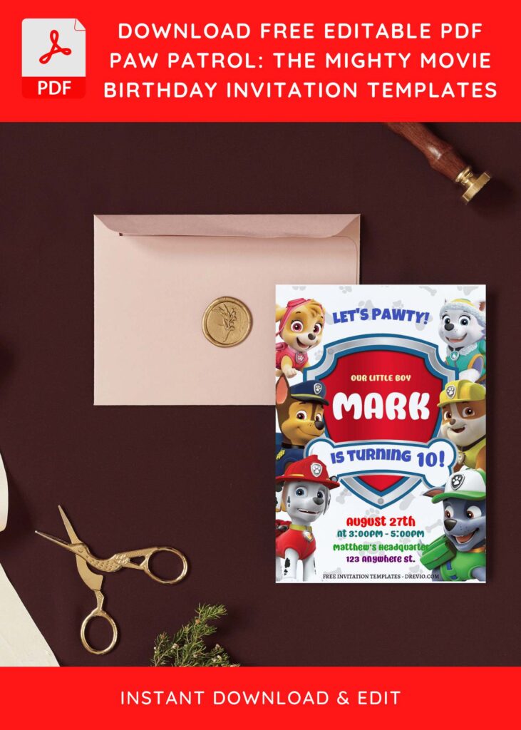 (Free Editable PDF) The Might Puppy PAW Patrol Birthday Invitation Templates I