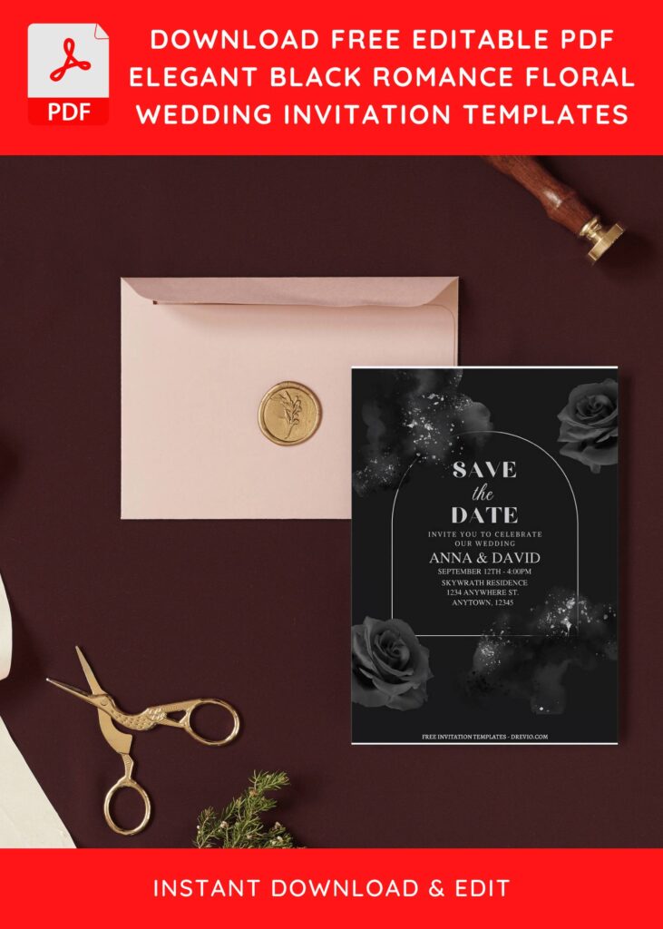 (Free Editable PDF) Mystique Black Floral Wedding Invitation Templates I