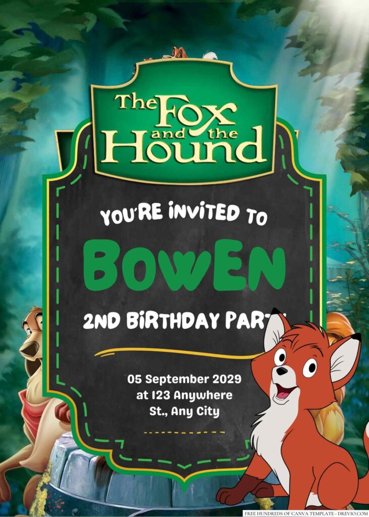 Free Editable The Fox and the Hound Birthday Invitation