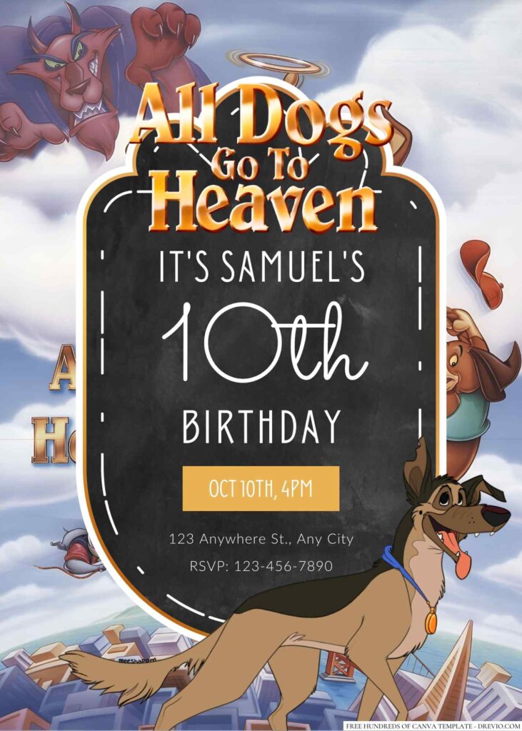 Free Editable All Dogs Go to Heaven Birthday Invitation