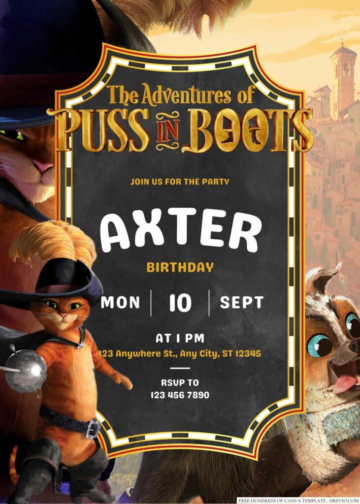 Free Editable Puss in Boots Birthday Invitation