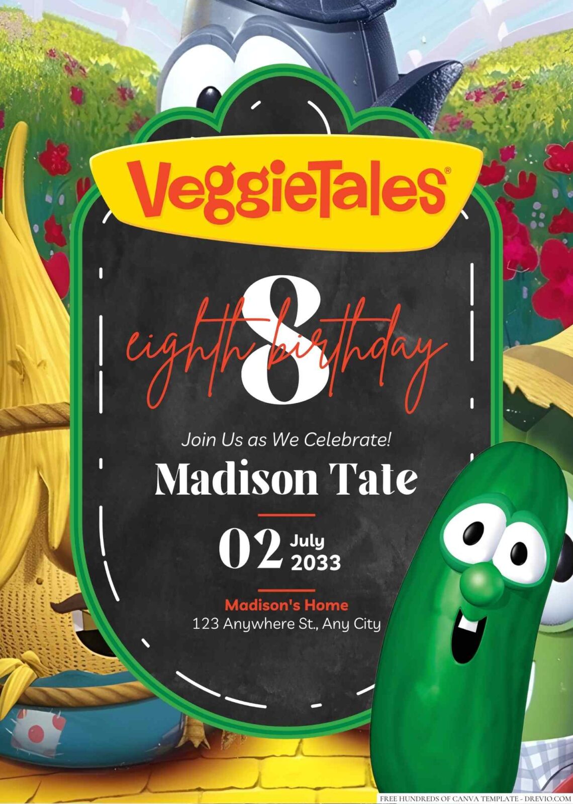 Free Editable Larry the Cucumber (Veggie Tales) Birthday invitation