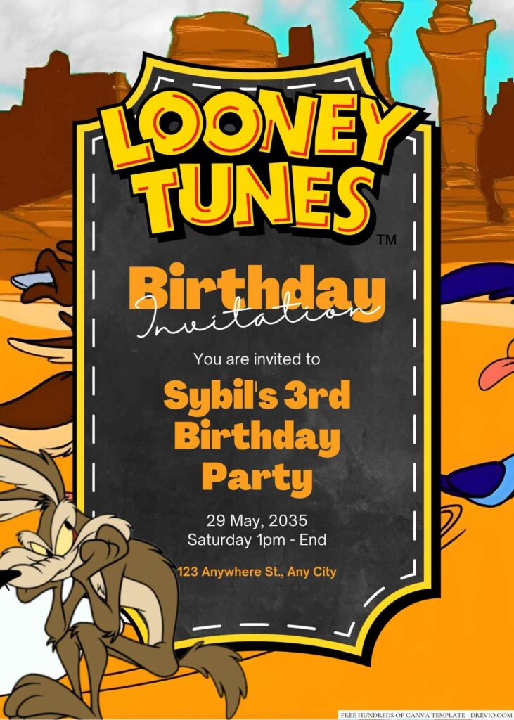 Free Editable Wile E. Coyote (Looney Tunes) Birthday Invitation