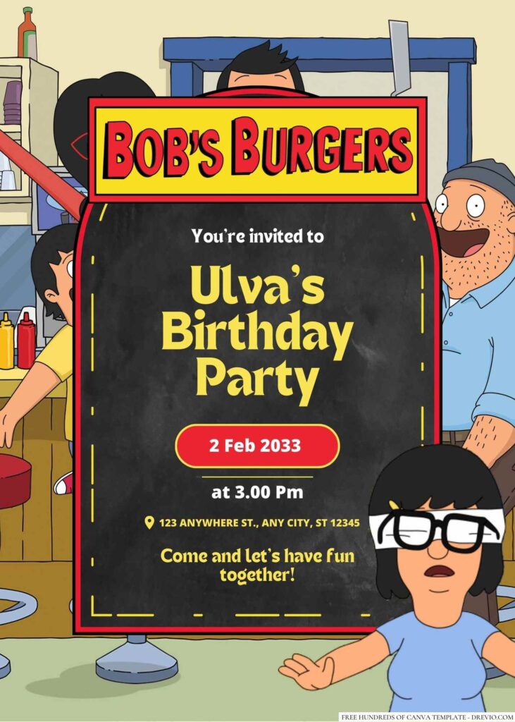 Free Editable Tina Belcher (Bob’s Burgers) Birthday Invitation