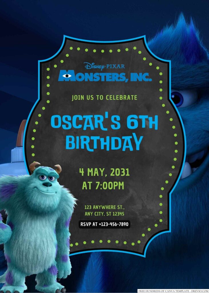 Free Editable Sulley from Monsters Inc. Birthday invitation