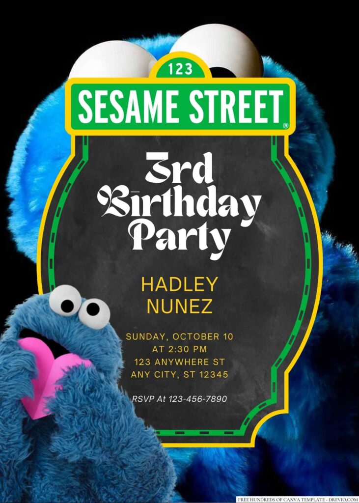 Free Editable Cookie Monster from Sesame Street Birthday Invitation