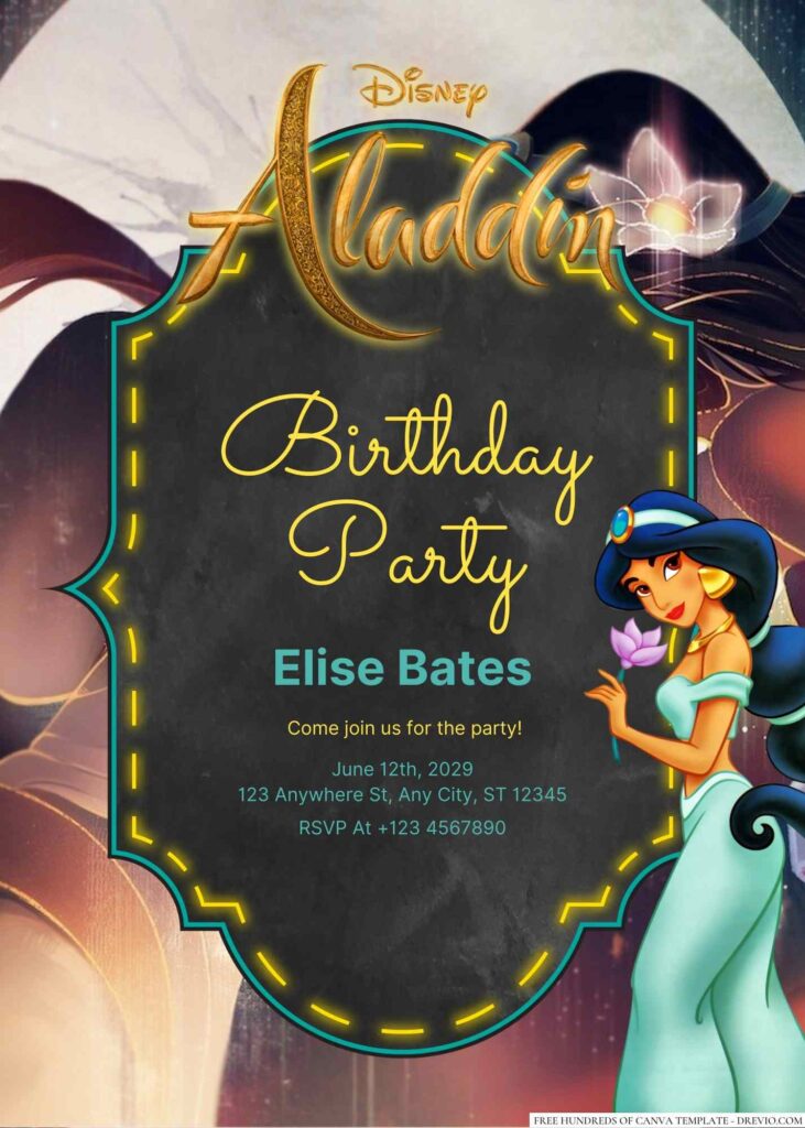 Free Editable Jasmine from Aladdin Birthday invitation