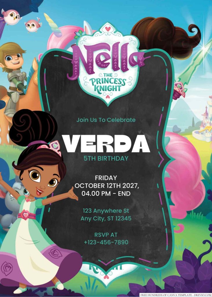 Free Editable Nella the Princess Knight Birthday Invitation