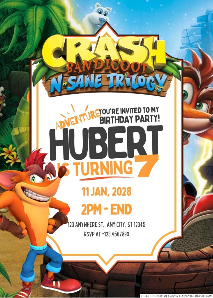 Free Editable Crash Bandicoot Birthday Invitation