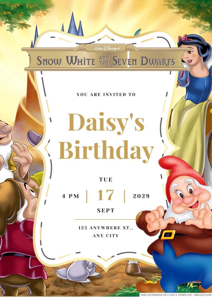 Free Editable Snow White and the Seven Dwarfs Birthday Invitation
