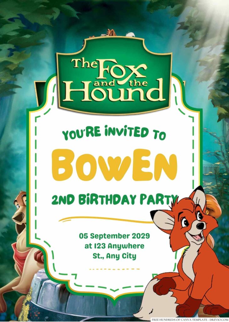 Free Editable The Fox and the Hound Birthday Invitation