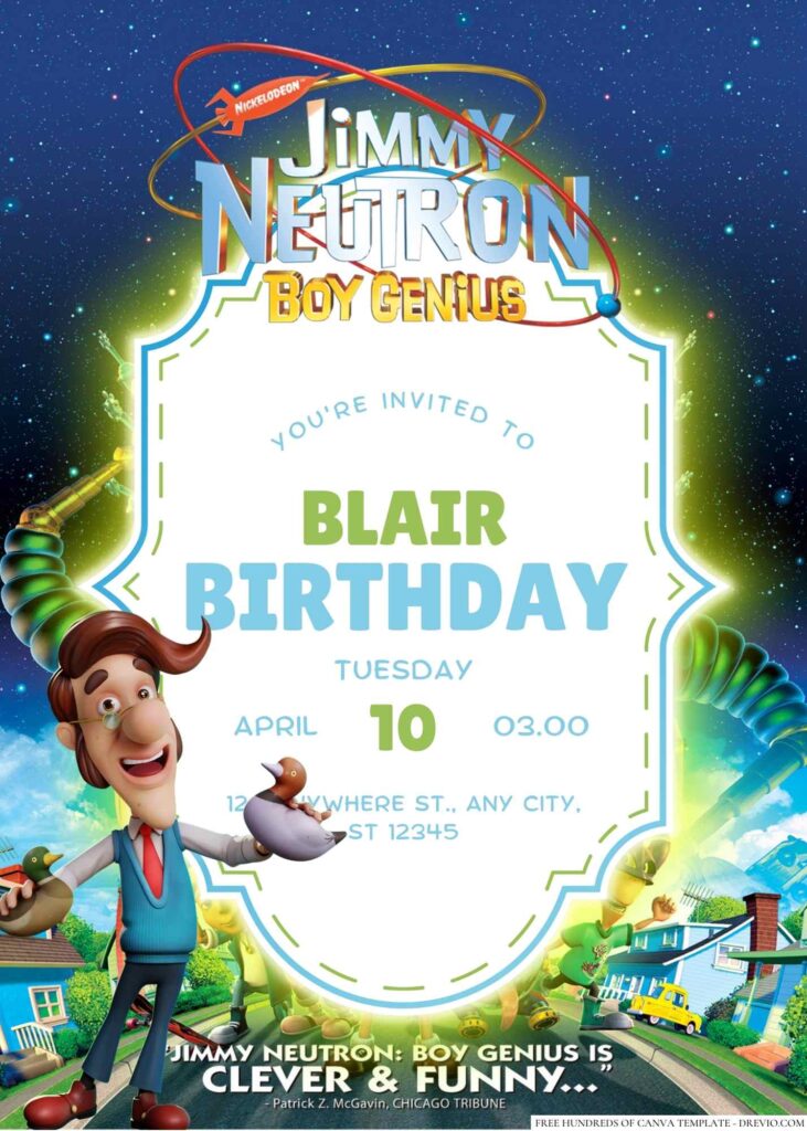 Free Editable Jimmy Neutron Boy Genius Birthday Invitation