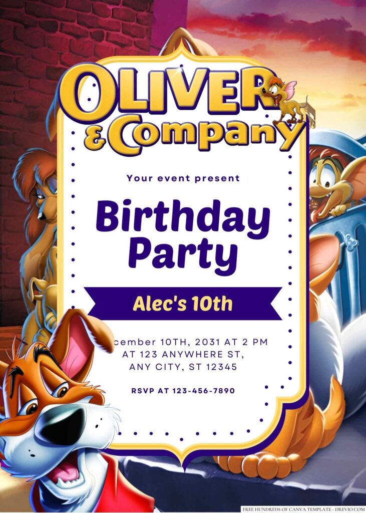 Free Editable Oliver & Company Birthday Invitation