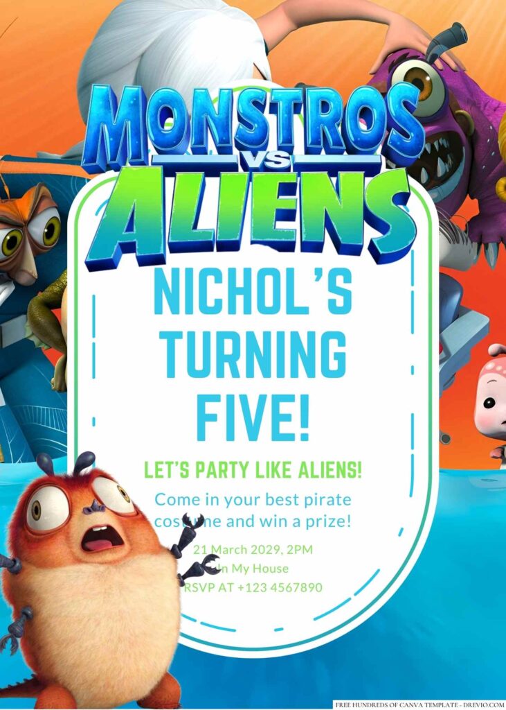 Free Editable Monster vs. Aliens Birthday Invitation