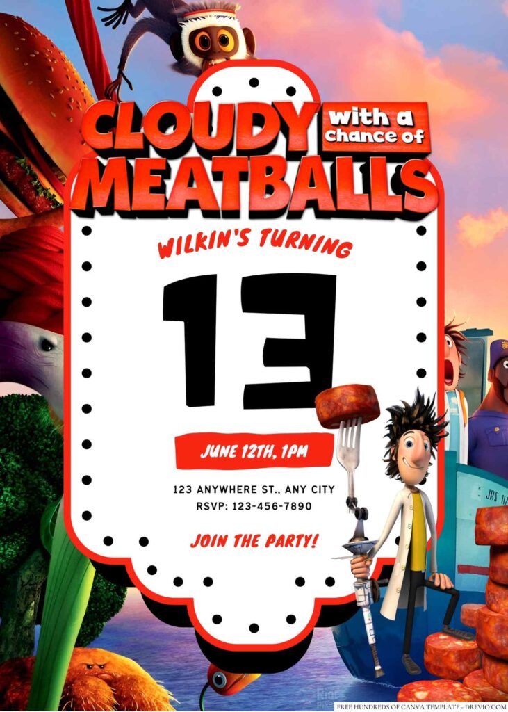 Free Editable Cloudy with a Chance of Meatballs Birthday Invitation