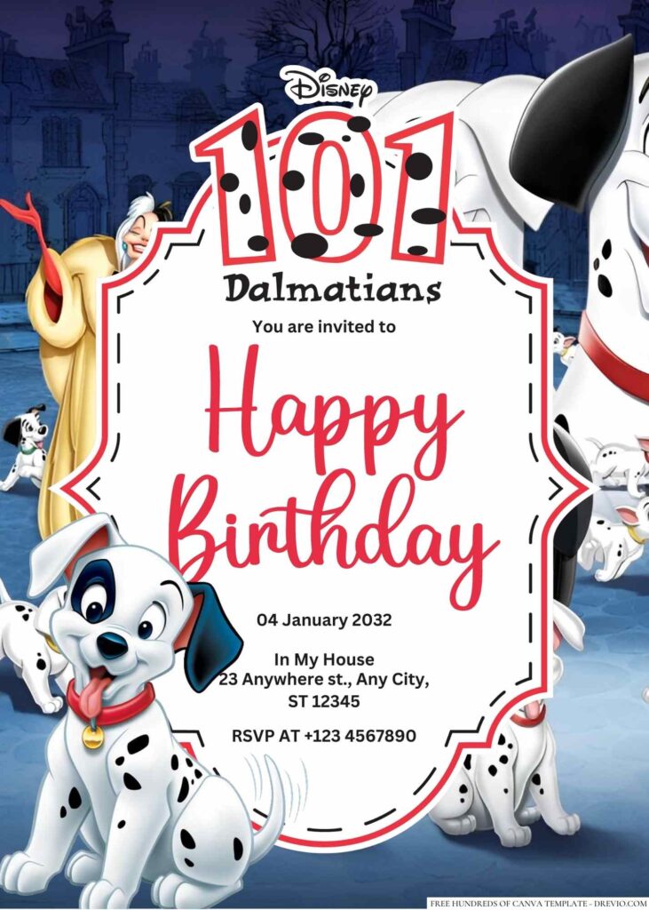 Free Editable One Hundred and One Dalmatians Birthday Invitation