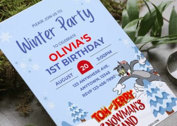 (Free Editable PDF) Festive Tom And Jerry Snowman's Land Birthday Invitation Templates