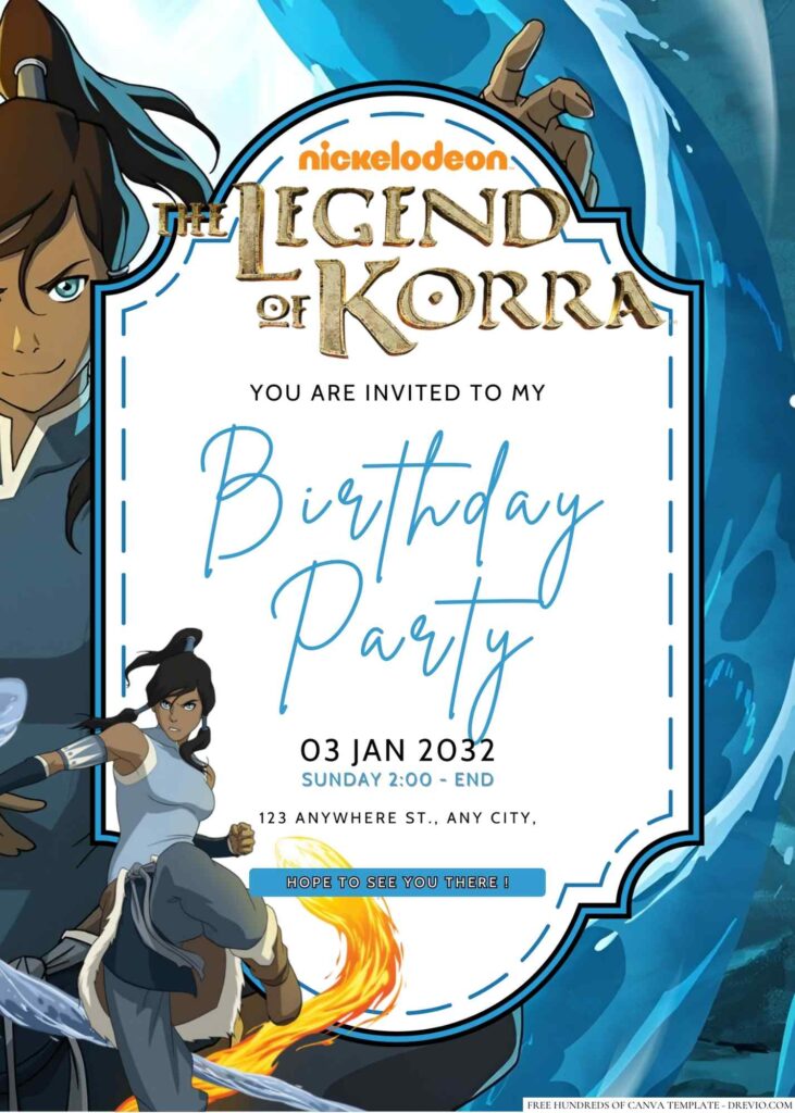 Free Editable Korra (Avatar The Legend of Korra) Birthday Invitation