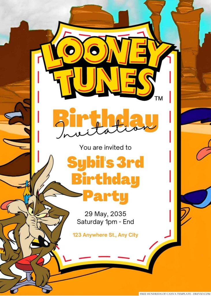 Free Editable Wile E. Coyote (Looney Tunes) Birthday Invitation