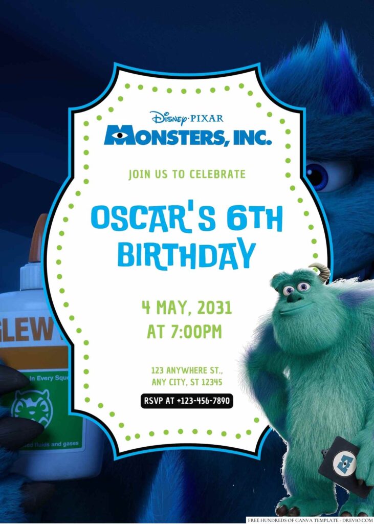 Free Editable Sulley from Monsters Inc. Birthday invitation