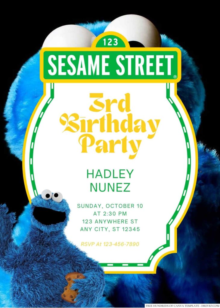 Free Editable Cookie Monster from Sesame Street Birthday Invitation