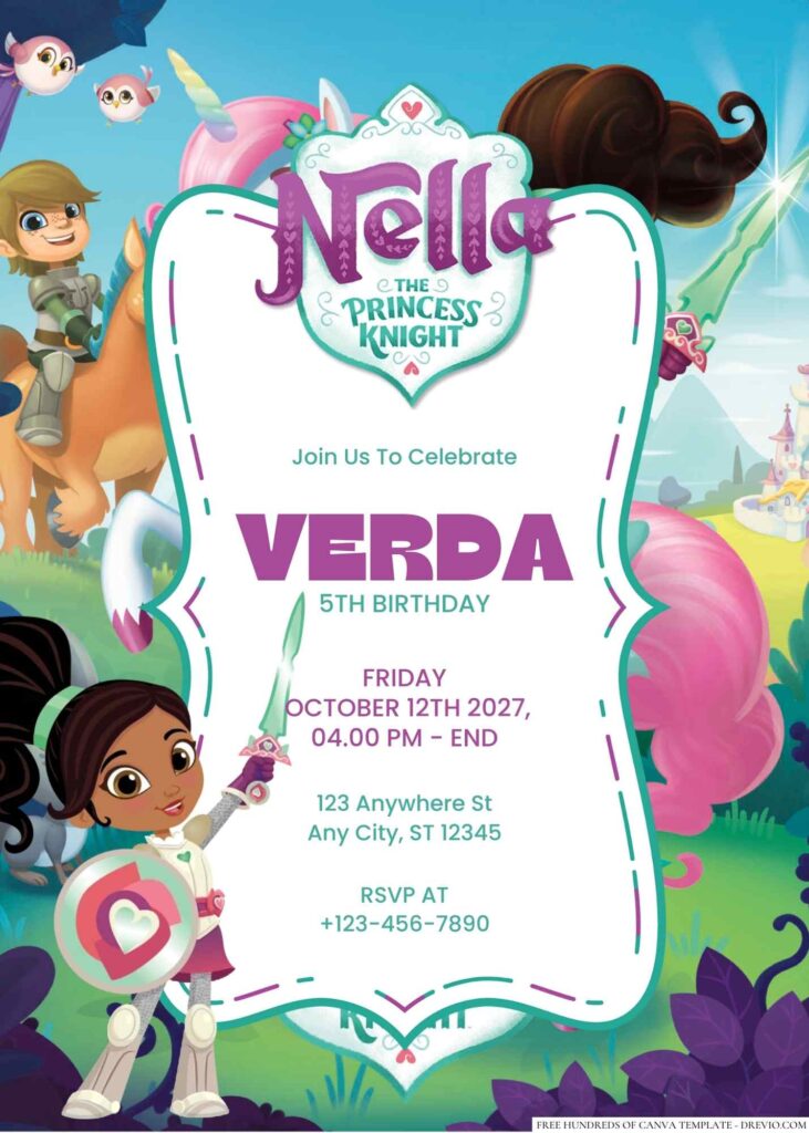 Free Editable Nella the Princess Knight Birthday Invitation