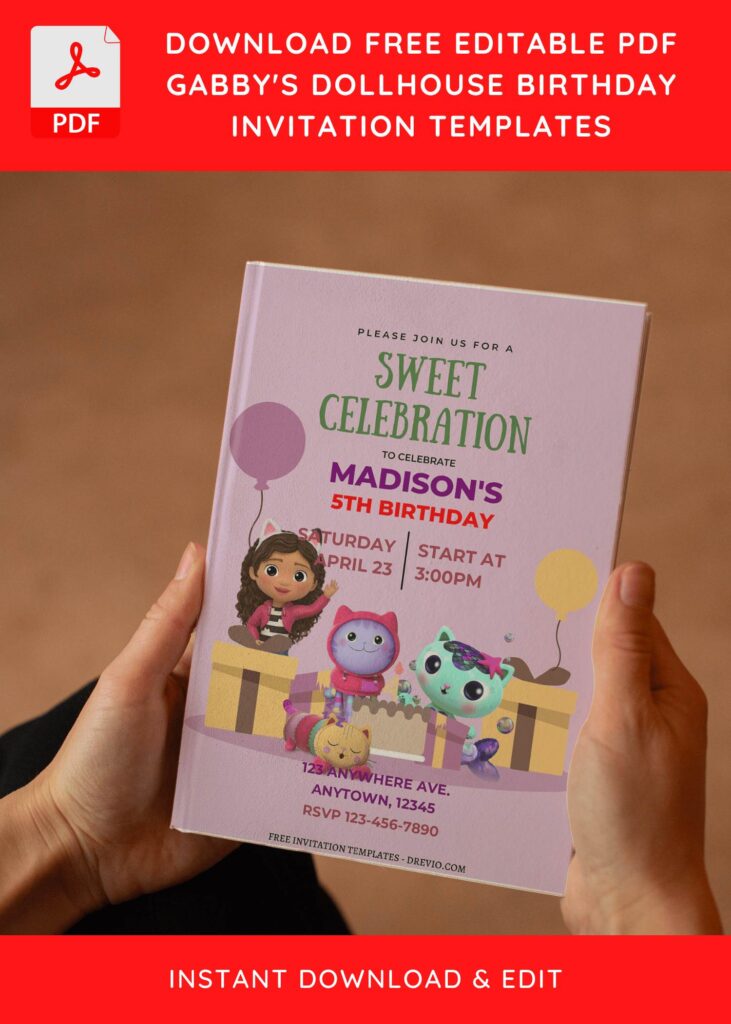(Free Editable PDF Cute And Special Gabby's Dollhouse Birthday Invitation Templates E
