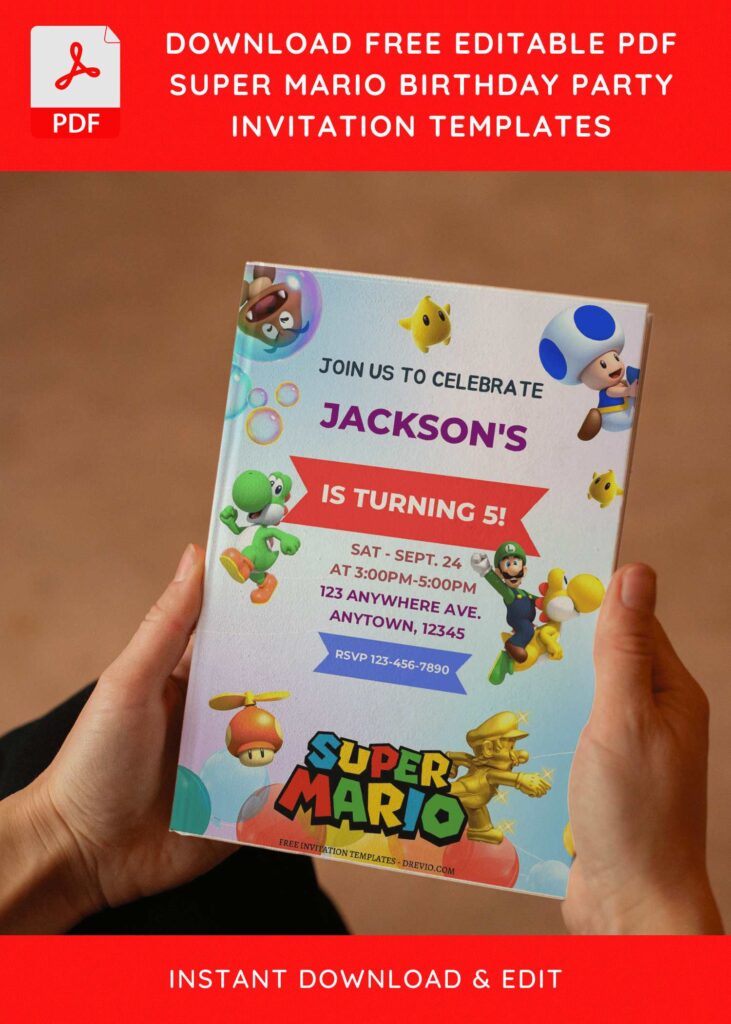 (Free Editable PDF) Level Up Super Mario Birthday Invitation Templates E