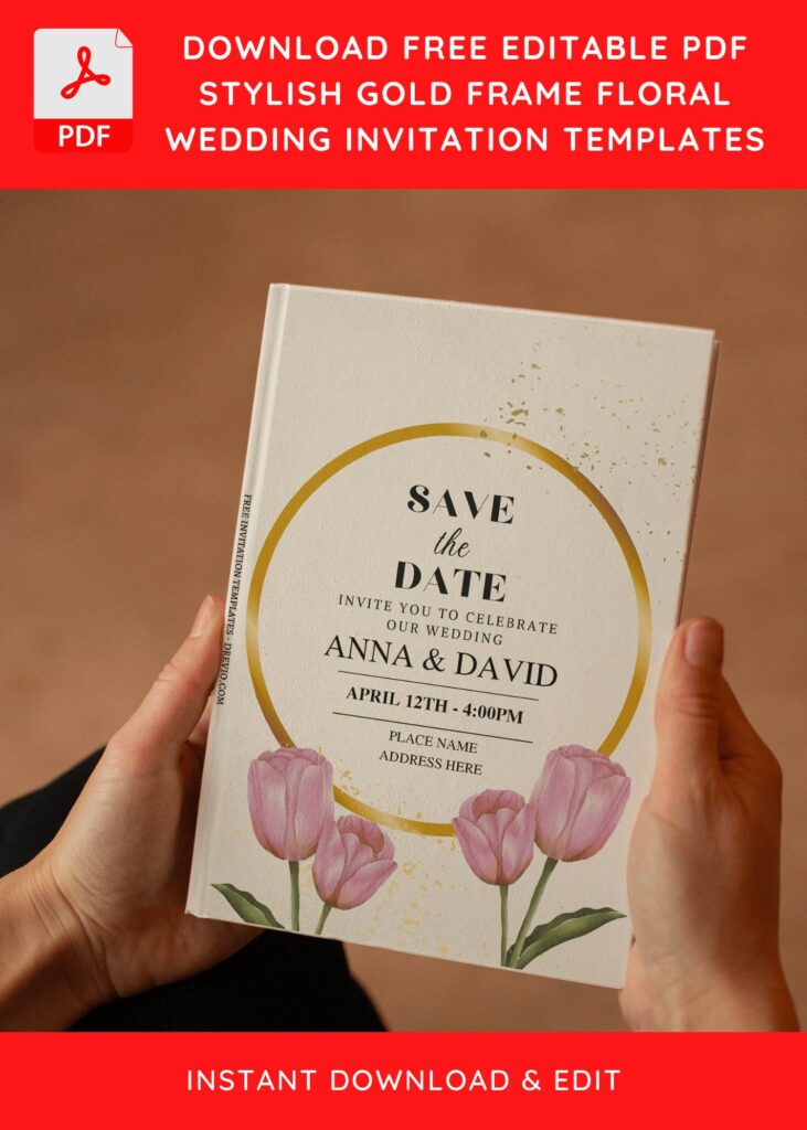 (Free Editable PDF) Soft Floral And Gold Frame Wedding Invitation Templates E