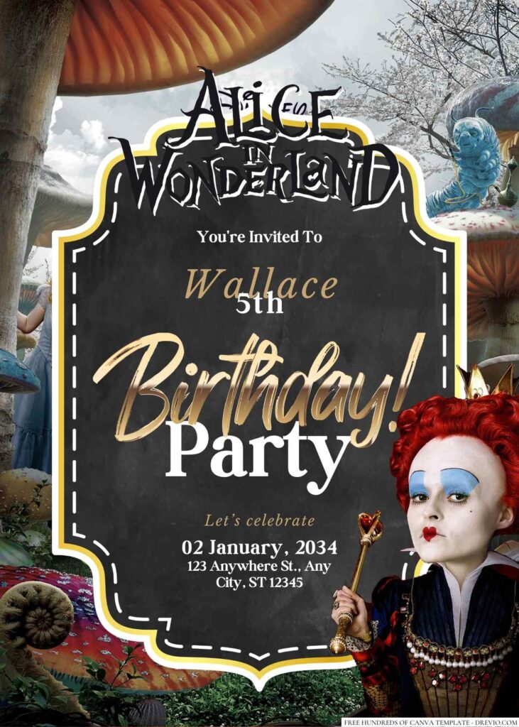 Free Editable Alice in Wonderland Birthday Invitation 