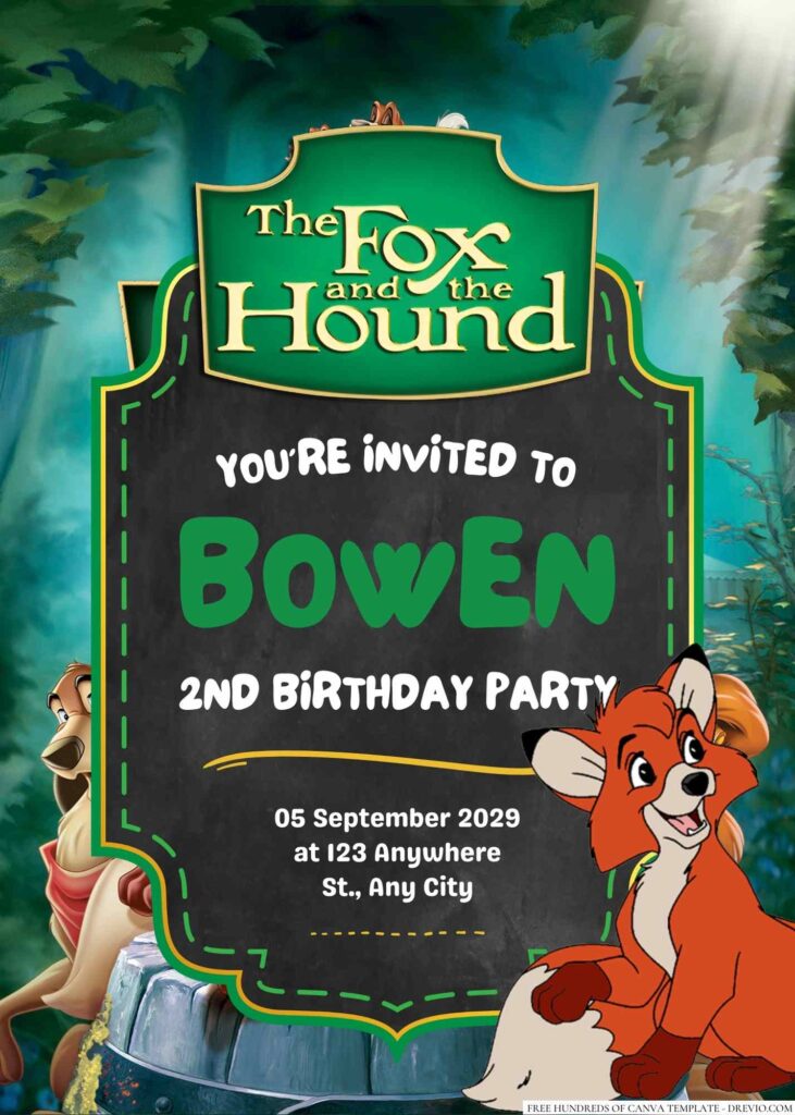 Free Editable The Fox and the Hound Birthday Invitation