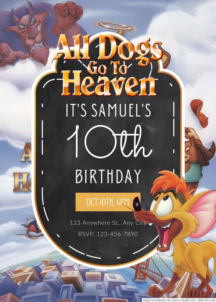 Free Editable All Dogs Go to Heaven Birthday Invitation