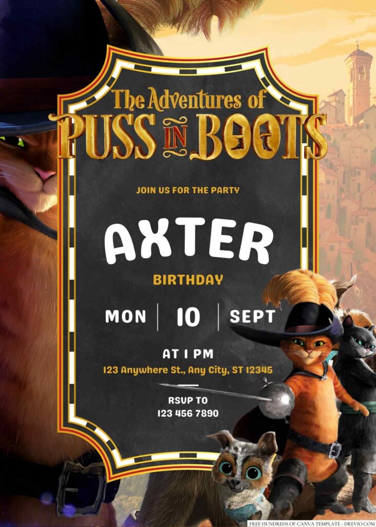 Free Editable Puss in Boots Birthday Invitation