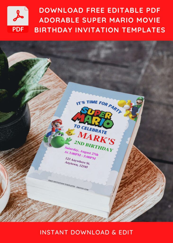 (Free Editable PDF) The Super Mario Bros Birthday Invitation Templates with colorful super mario logo