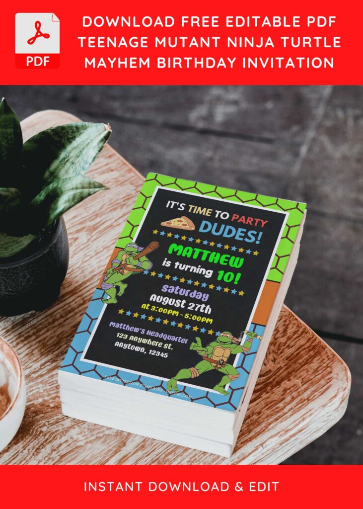 (Free Editable PDF) Epic Mutant Mayhem TMNT Birthday Invitation Templates with Michael Angelo