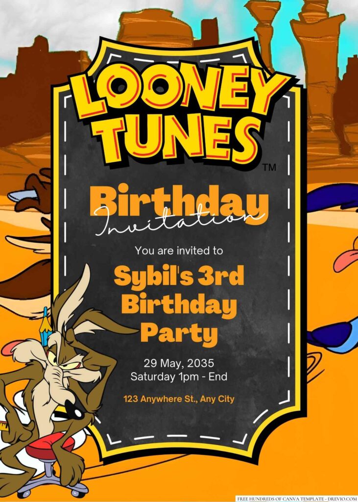 Free Editable Wile E. Coyote (Looney Tunes) Birthday Invitation