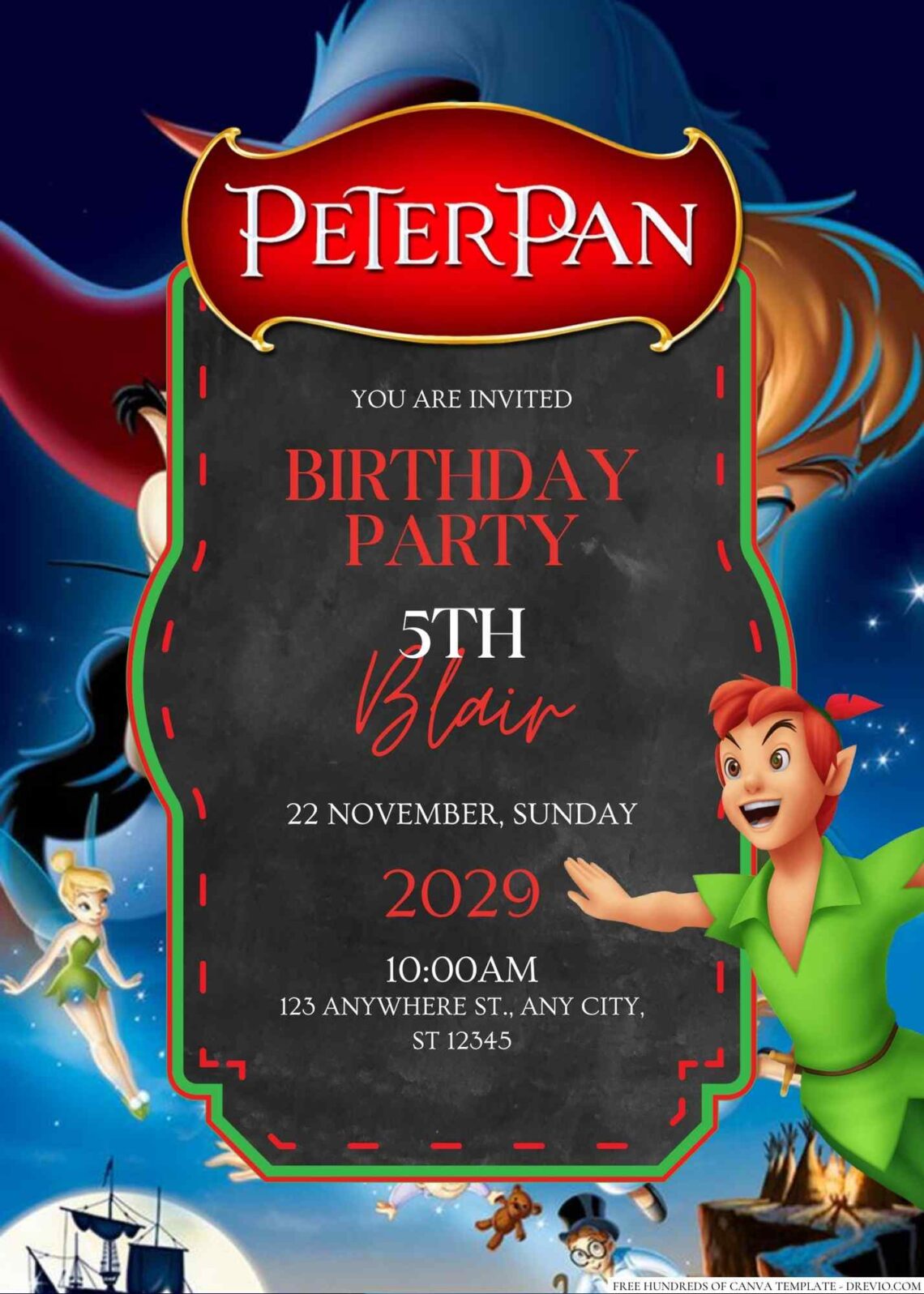 Free Editable Peter Pan Birthday invitation