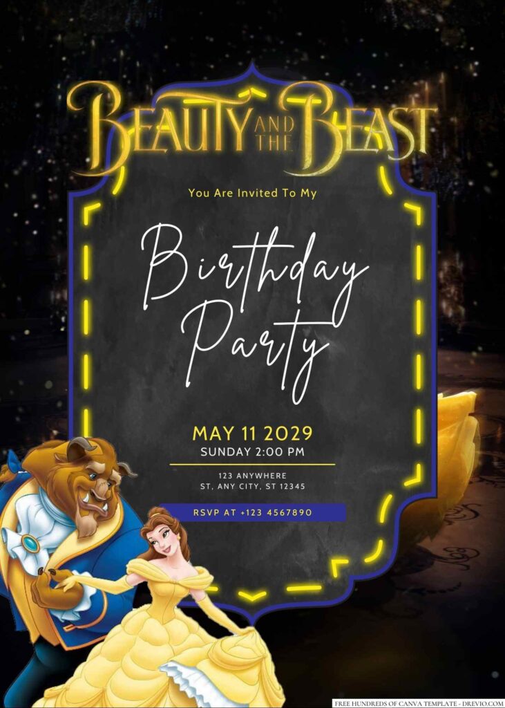 Free Editable Beauty and the Beast Birthday Invitation