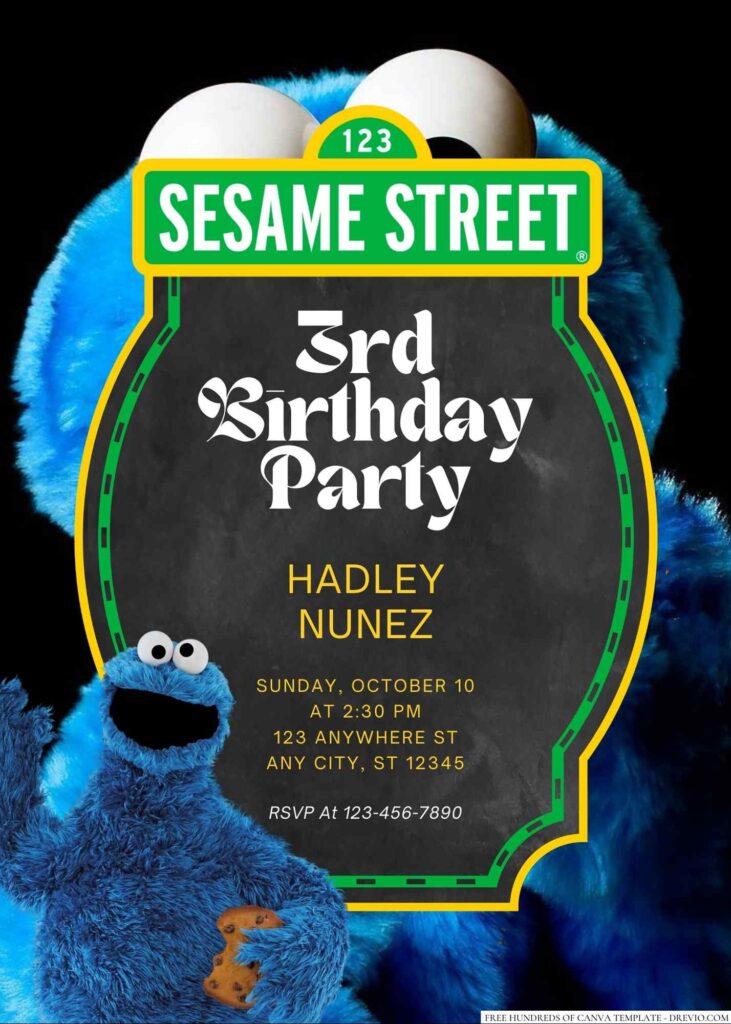 Free Editable Cookie Monster from Sesame Street Birthday Invitation