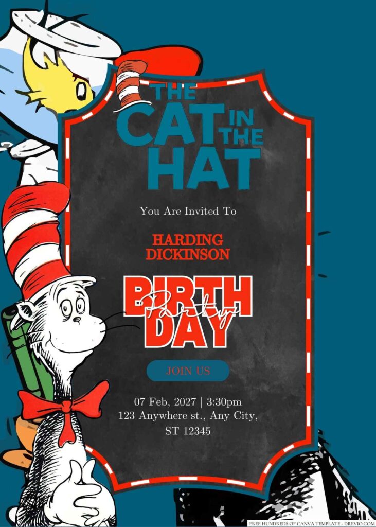 Free Editable The Cat in the Hat Birthday Invitation