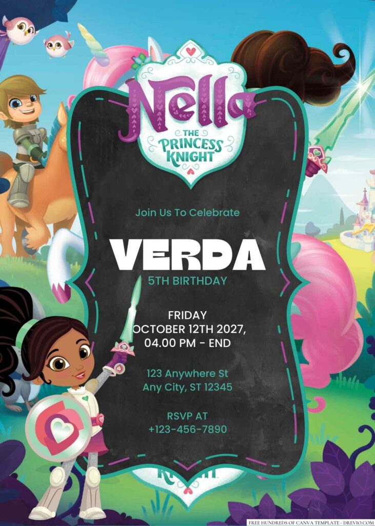 Free Editable Nella the Princess Knight Birthday Invitation