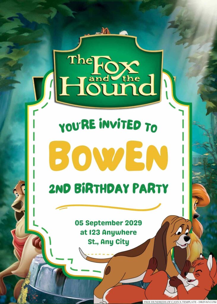 Free Editable The Fox and the Hound Birthday Invitation