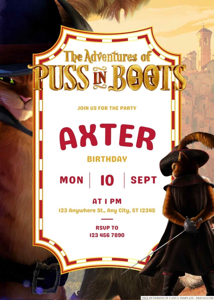 Free Editable Puss in Boots Birthday Invitation