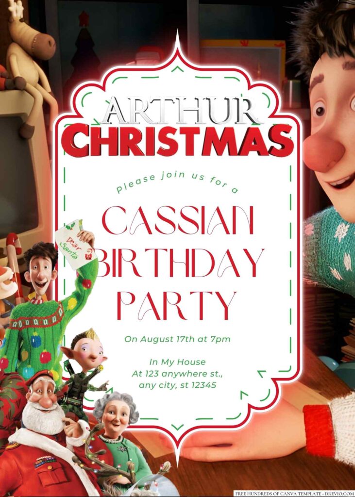 Free Editable Arthur Christmas Birthday Invitation