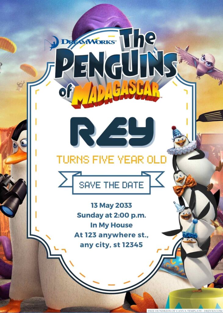 Free Editable Penguin Madagascar Birthday Invitation 