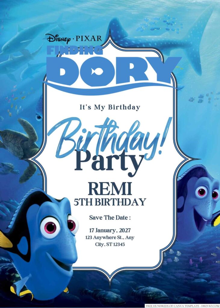 Free Editable Finding Dory Birthday Invitation