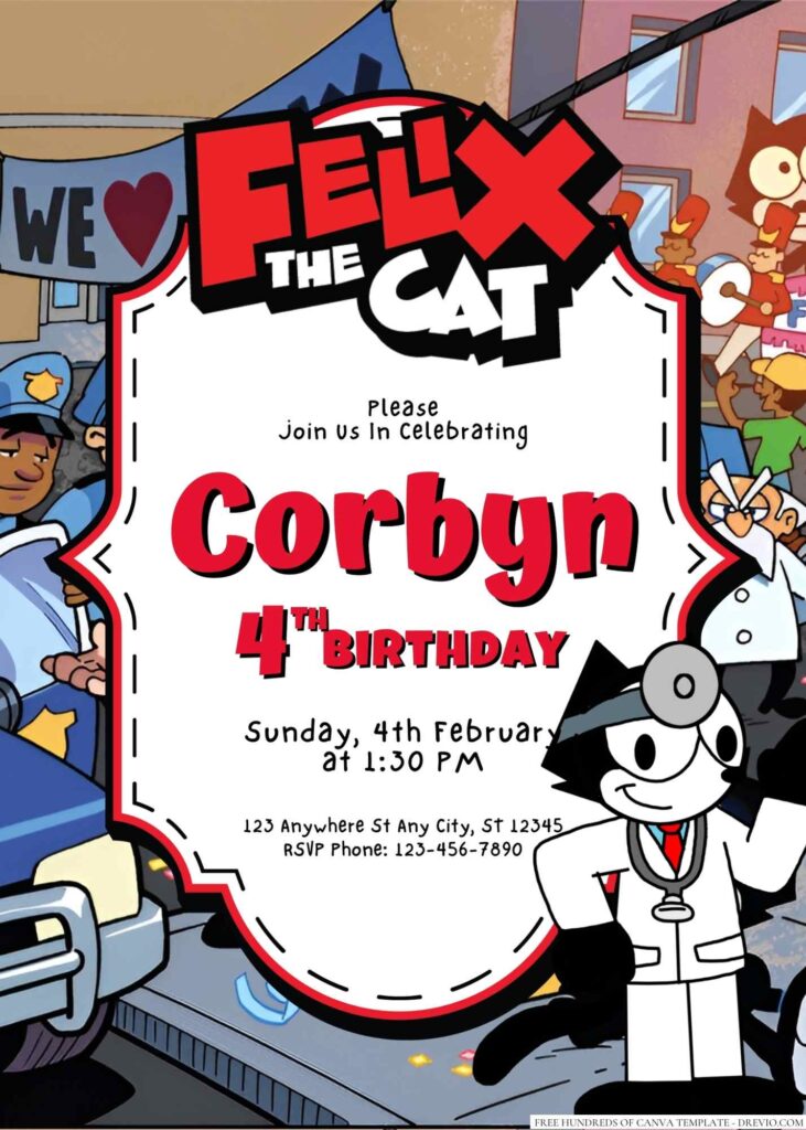 Free Editable Felix the Cat Birthday Invitation