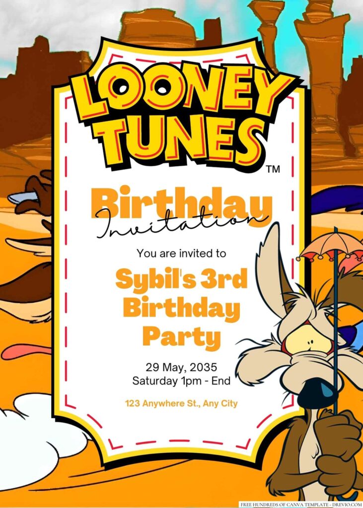 Free Editable Wile E. Coyote (Looney Tunes) Birthday Invitation