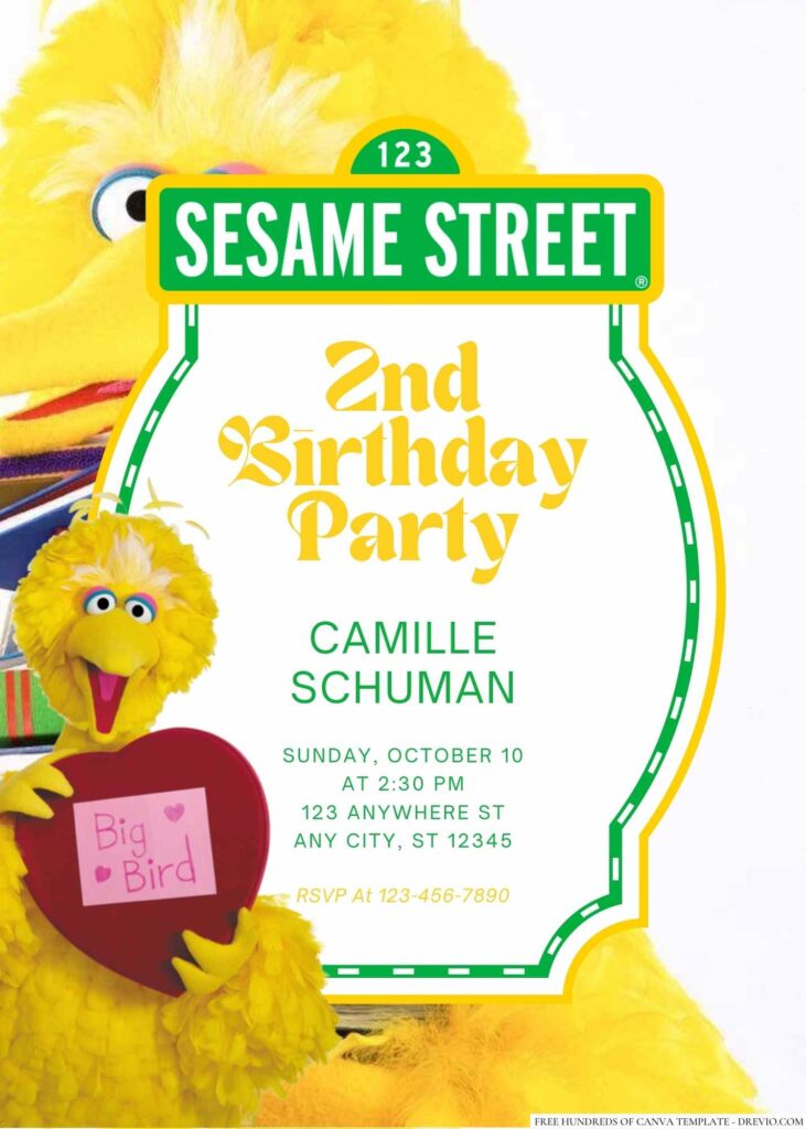 Free Editable Big Bird from Sesame Street Birthday invitation